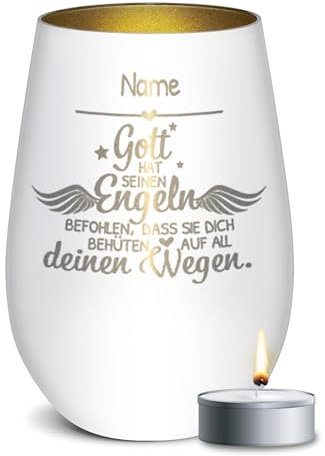 PR Print Royal Weißes Windlicht mit Gravur - Gott hat seinen Engeln befohlen - mit Name gravieren - Geschenke zur Taufe, Kommunion, Konfirmation | inkl. Teelicht, 450 ml, Innen Gold