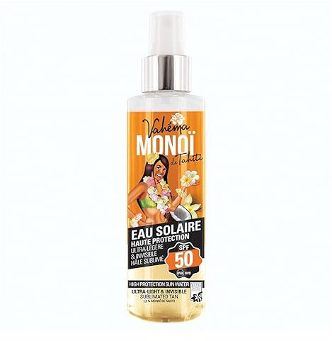 Eau Solaire Haute Protection Indice 50 - Ultra-légère & Invisible - Vahéma Monoï de Tahiti 140ml - Protection UVA/UVB - SPF50 - Senteur Tiaré - Protection solaire
