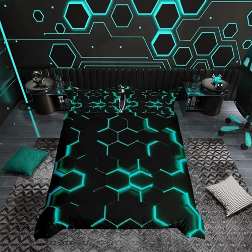 Loussiesd Teal and Schwarz Drucken Bettwäsche 135x200cm Hexagonal Bettwäsche Set Kinder Jungs Teens Honeycomb Dekor Modern Beehive Simplistic Geometric Bettbezug Set 2Stück mit Reißverschluss