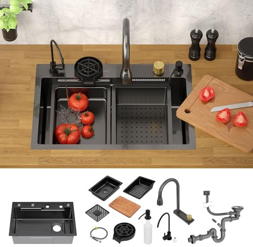 ML-Design Lavello in Acciaio inox 68x46 cm Antracite Lavabo Multifunzionale da Cucina Rettangolare Lavandino da Incasso 1 Vasca Sottopiano con Rubinetto Estraibile e Altri Accessori