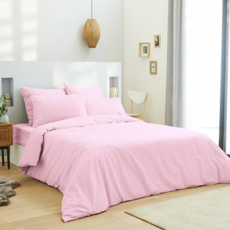 Housse de Couette 220 x 240 cm - 100% Coton - 57 Fils/cm² - Rose - pour Lit 2 Places