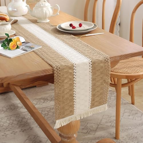 Figarge Makramee Tischläufer Boho mit Quasten in Beige, Häkelspitze für Deko, Hochzeit Party, Esstisch Dekor-Abwaschbar (Weiß, 240X30 cm)