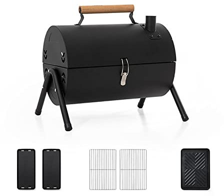 Tragbarer Holzkohlegrill mit Abdeckung und Kamin, doppelseitiger Grill, Tischgrill für Outdoor-Camping, Kochen im Garten und bei Partys (Metall: Schwarz)