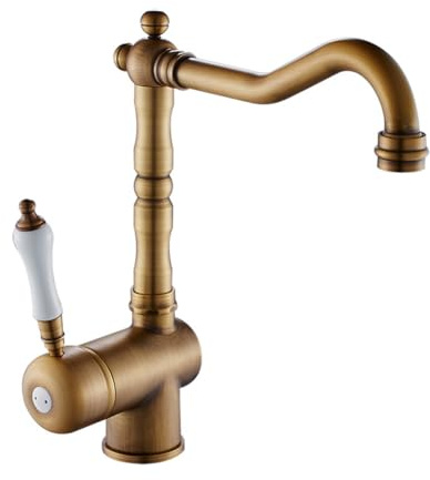 Robinet De Cuisine Robinet Evier De Cuisine Rétro Antique Style Pivotant À 360° Laiton Monocommande Bec Haut Mitigeur Cuisine, Eau Chaude Et Froide Réglable, Mitigeur Évier, Bronzé