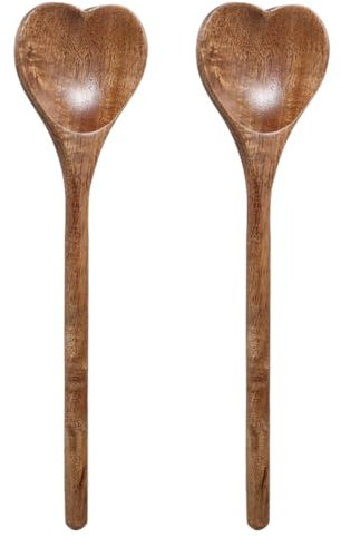 HEMOTON 2Pcs Wooden Heart Spoons Heart Shaped Wooden Spoon Kitchenware for Cooking, Wooden Kitchen Utensils Wooden Cooking Serving Mixing Spoon for Housewarming, Birthday,Valentines Day