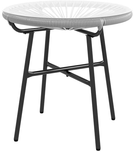 Outsunny Table Basse Ronde de Jardin en résine Aspect rotin métal et Plateau Verre trempé Ø 50 x 50 cm Gris