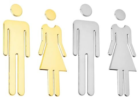 MIRKUZI Lot de 4 autocollants pour panneaux de toilettes, autocollants pour toilettes pour hommes et femmes, autocollants pour salle de bain pour hommes et femmes (or et argent)