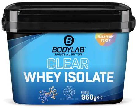 Bodylab24 Clear Whey Isolate, Iced Tea Mango-Peach, 960 g | Erfrischend fruchtige Proteinlimo, über 80 % Eiweiß, hochwertiges Molkenprotein-Isolat, ideal rund ums Training