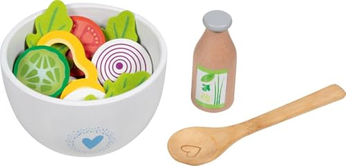 goki 51446 – Salat-Set Frische Vielfalt – 24-teiliges Spielset mit Schüssel, Dressing, Löffel, Gemüse und Käse aus Holz und Filz für die Kinderküche