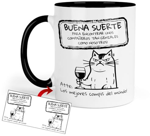 Kembilove Taza Despedida Sarcástica 330ml | “Buena Suerte para Encontrar Compañeros Geniales / ¡Traidor!” | Regalo Divertido para Colegas de Oficina | Diseño con Gato en la Oficina