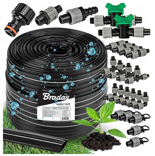 Bradas Tropfschlauch Bewässerung Set 100m – 10 cm - 16mm - 24 teiliges – Bewässerungssystem - Bewässerungsschlauch für Garten Blumen - Tropfbewässerung - Tropfabstand Tröpfchenbewässerung