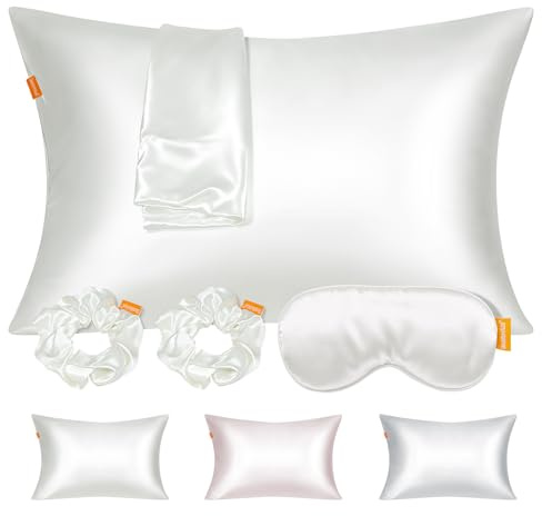 ComfortAce 100% Maulbeerseide 3-teiliges Set: Seidenkissenbezug, Seidenhaargummi & Seiden-Schlafmaske für Haar- und Hautpflege, 40x80cm (Klassischer Stil) mit unsichtbarem Reißverschluss (Weiß)