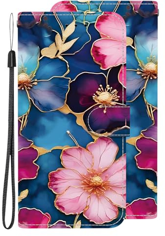 BLOTECH Handytasche Flip Case Cover Brieftasche for LG V40 ThinQ,Hülle Wallet Lederhülle Kartenfach Magnet Klapphülle Stoßfest Schutzhülle Handyhülle für LG V40 ThinQ,Blau-rosa Blume