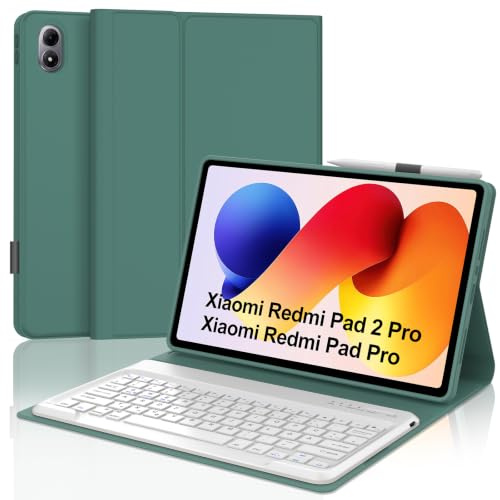 Hülle Tastatur für XIAOMI Redmi Pad 2 Pro 12.1 2025 5G/XIAOMI Poco Pad M1 | Keyboard Case Magnetisch Abnehmbarer Bluetooth Dünne mit Stifthalter für Redmi Pad Pro 12.1/Xiaomi Poco Pad, Dunkelgrün