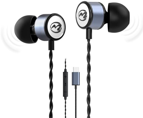 MORMOQUE EP09 Hi-Fi Stereo USB C Headphones, Type C in-Ear Wired Earbuds with Deep Bass and Built-in Mic, Noise Isolation Earphones with 4.9 ft Long Cord for Music Lovers, Podcasts and Calls (Black)