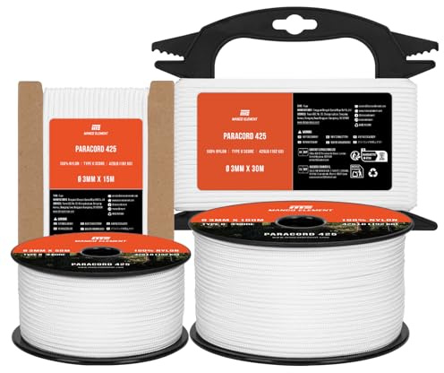 Manco Element Paracord 3mm 425 30m Cuerda Nylon 3 Hebras Tipo II Cordino | Negro, 100% Nylon, 192kg (425lbs) Capacidad de Carga, Ideal para Al Aire Libre, Camping, Supervivencia, Bricolaje, Bobina