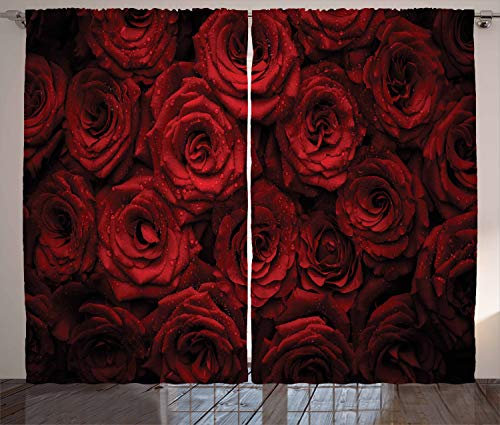 ABAKUHAUS Dunkelrot Rustikaler Gardine, Tropfen von Blooming Bouquet, Schlafzimmer Kräuselband Vorhang mit Schlaufen und Haken, 280 x 260 cm, Schwarz Rot