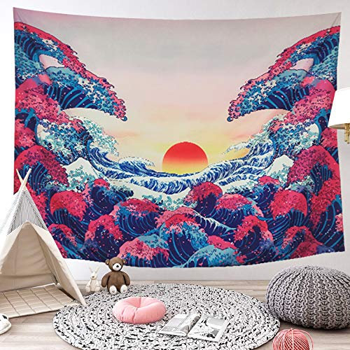 LIGICKY Natur Wandteppich Große Welle Ozean Wandbehänge Orange Sonnenuntergang Tapisserie Mit Wandkunst Natur Hauptdekorationen für Wohnzimmer Schlafzimmer Dekor (A-Great Wave,59.1 x 78.7)