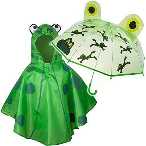 alles-meine.de GmbH 2 TLG. Set: 3D Effekt - Regenschirm + Regenponcho - lustiger Frosch - Kinderschirm - Ø 77 cm - Regencape - Kinder - 2 bis 6 Jahre - Stockschirm - durchsichtig..