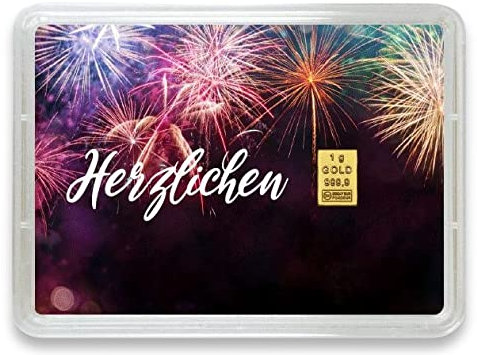 Goldbarren 1g – Geschenk Motivbox “Herzlichen Glückwunsch” – Valcambi ESG - Feingold 999,9 (1g Gold)