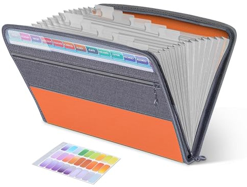Expanding File Folder,Fun Storage Document Organiser Box Files,13 Pockets Zip Filing Folders,5 Colours,Accordian File Folder with Tabs,Expandable Documents Wallet Accordion File Organisers, Orange