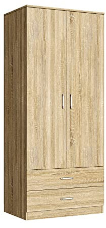 ELEGANT 2 Drawers Clothes Cupboards with Large Hanging Space 2 Door Wardrobes with Long Bar for Living Bedroom, Oak