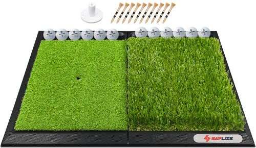 SAPLIZE Large Size Golf Hitting Mat with Ball Tray & Heavy Duty Base, 2-in-1 Golf Turf Grass Mat, Realistic Practice for Hitting, Chipping and Putting