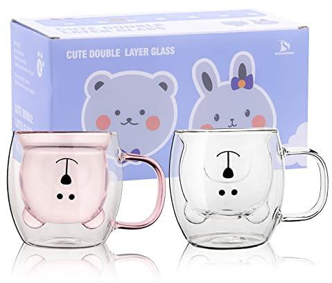 SHENDONG Set di 2 tazze con orsetto carino tazza da tè e caffè con manico da 241 ml, doppia parete in vetro isolato, regalo per compleanno, San Valentino e ufficio (Rosa bianco)