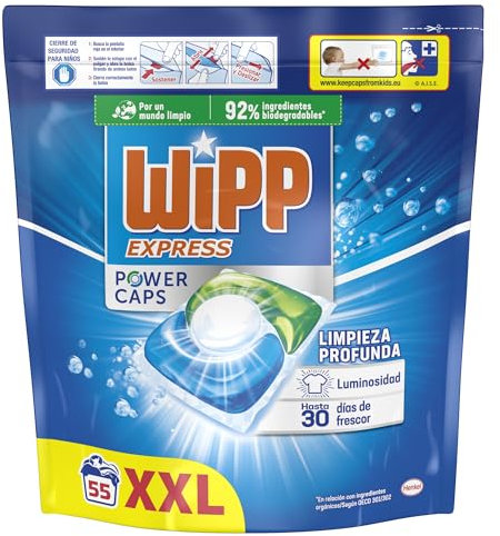 Wipp Express Power Caps Detergente en Cápsulas para Lavadora, 55 Dosis, Limpieza Profunda, Eficaz en Agua Fría