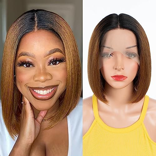 DÉBUT Ombre Brown Straight Bob Perücken Echthaar T Part Lace Front Bob Perücke Vorgezupft mit Babyhaar 150% Dichte brasilianischen Virgin Haar für Frauen(25 cm, Ombre Brown)