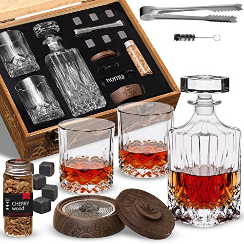 Coffret cadeau pour whisky, 14 pièces – Carafe à whisky + fumoir en bois + verres à l'ancienne – 2 pièces, dans une boîte en bois avec copeaux de bois, pierres à whisky 6 pièces incluses – Cadeau pour