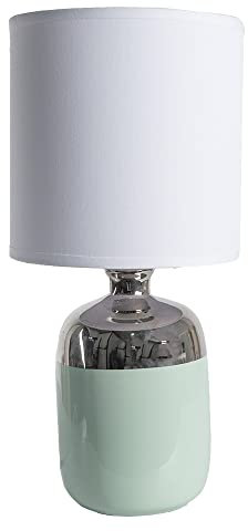 Clayre & Eef Tischlampe Ø 15x33 cm Weiß Silberfarbig Keramik Rund Schreibtischlampe