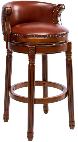 Barhocker Holz – 360° Drehbar Barhocker mit Lehne, Echtleder Sitz, Handgefertigt mit Nagelkopfdekor, Massiver Gummibaumholzrahmen, Vintage Barstuhl für Küche & Bar (Braun, Sitzhöhe-75cm)