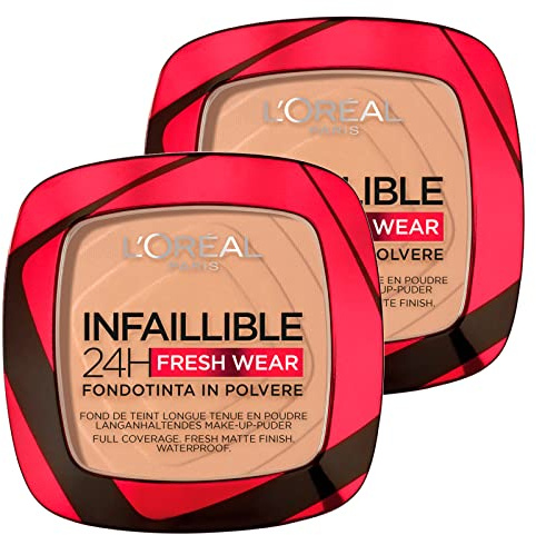 L'Oréal Paris Infaillible 24H Fresh Wear Puder Foundation, wasserfest, ultra deckend, langanhaltend, mattierend und atmungsaktiv, Farbe 140 Golden Beige, 2 Kosmetika