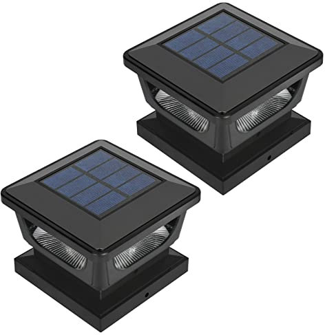 FVTLED Solar Post Cap Lights Outdoor, Fence Post Solar Lights for 3x3, 4x4 Posts Patio Fence Deck Garden Decor, IP65 Waterproof High Brightness Cool White 6500K LED Lighting (2 Pack, Black)