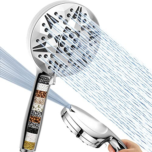 Handheld Shower Head with Filter, Voolan 10 Spray High Pressure Shower Head with Filter for Hard Water, 2 Power Wash for Tubs Tiles Walls Pets Cleaning (Chrome)