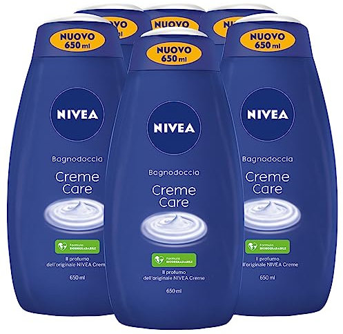 Nivea Bagnodoccia Detergente Corpo Creme Care Formula Biodegradabile con Profumo dell'Originale Nivea Creme Docciaschiuma ad Azione Idratante Nutriente per Tutti i Tipi di Pelle - 6 Flaconi da 650ml