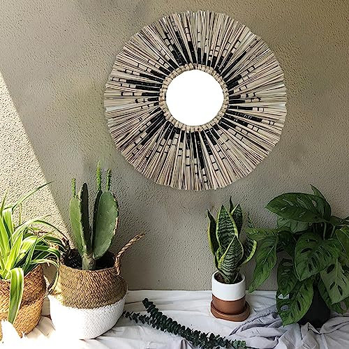 RANRAO Miroir décoratif tissé à la main avec franges en macramé, 35 cm, rond et corde de paille tissée bohème