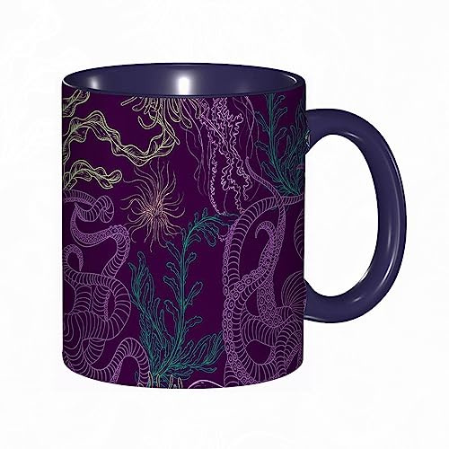 Coffee Mug Funny Mug,Octopus Ocean Marine Octopus Summer Beach Marine Plants Seaweed,Purple Green Print,Coloured Mug Cup Gift Birthday Work Office Christmas Tea Coffee
