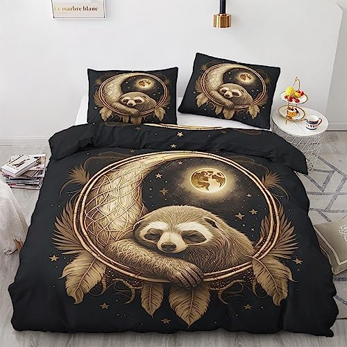 GEDAEUBA Sommer Bettwäsche 155x220 Faultier - Federn Traumfänger Bettbezug 155x220 3 teilig, Wendebettwäsche und Kissenbezug 80x80, Weiche Mikrofaser Bettwäsche-Sets mit Reißverschluss
