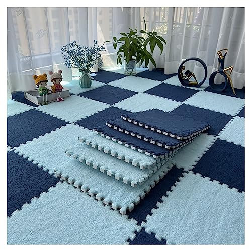 12-teilige Puzzle-Spielmatte, Flauschige Plüsch-Teppichfliesen, Quadratisches Schaumstoff-Teppich-Set, Schaumstoff-Bodenfliesen Für Spielzimmer, Schlafzimmer, 30 X 30 cm(Color:Hellblau+Marineblau)