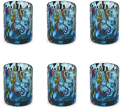 MAZZEGA ART & DESIGN - 6 Bicchieri Shot in Vetro Soffiati e Lavorati a Mano con Murrine di Murano. Linea “I Colori di Murano” 75 ml. Made in Italy (AZZURRO, 6)