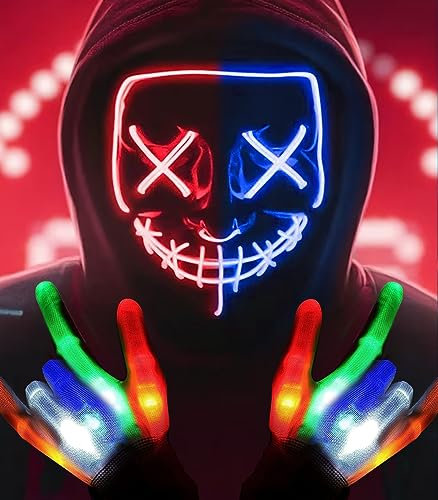 Halloween Purge Mask Light Up Mask with Gloves LED Scary Mask for Halloween Costume Party, Masquerade Cosplay Light Up Purge Face Mask with 3 Lighting Modes for Men Women Adults Kids