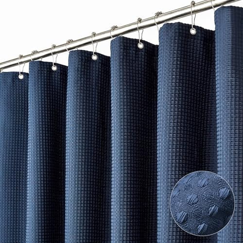 Dynamene Rideau de douche extra large en tissu épais lesté gaufré pour salle de bain – Rideau de douche neutre robuste avec 32 crochets en plastique, 450 x 183 cm, bleu marine