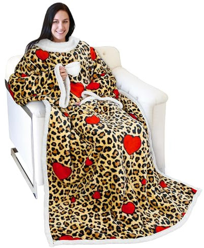 Catalonia Leopard Sherpa Wearable Blanket with Sleeves Arms, Comfy Sleeved TV Wrap Blanket, Large Snuggly Throw for Women and Men, Gift for Her
