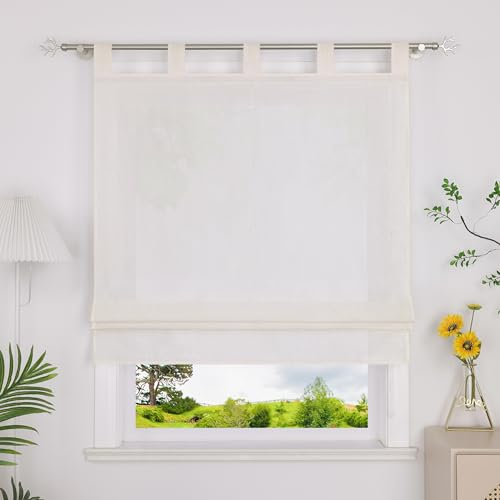 Heichkell Raffrollo mit Schlaufen Halbtransparent Raffgardine Küche Rollo Einfarbige Gardine Beige BreitexHöhe 140x140 cm