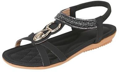 Lufebut Sandales Femmes Été Bohème Élégant Confortables Plates Chaussures avec Semelle Souple Tongs pour Plage Vacance Noir, 39 EU