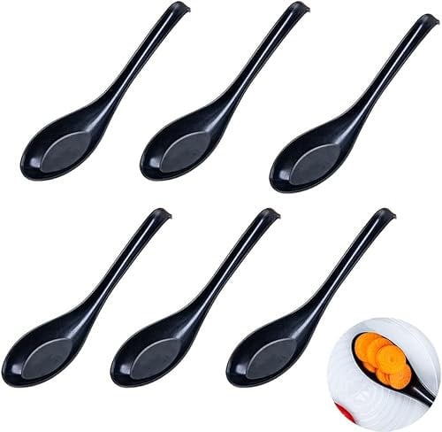 Rosojodg 6 Packs Black Soup Spoons Rice Spoons Chinese Won Ton Soup Spoon Asian Ramen Soup Spoon Original Plain Style Spoon Soup Suitable for Restaurants Family Hotels, Spoons