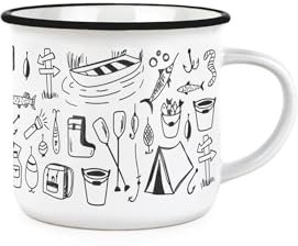 Purely Home Black & White Fishing Mug - Camping & Fishing Themed Enamel-Look Mug Gift/Present - Tea Coffee Hot Drinks Ceramic Cup for Anglers