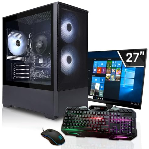 SYSTEMTREFF Basic Gaming Komplett PC Set AMD Ryzen 5 5500GT 6x4.4GHz | Radeon RX Vega 7 4K | 500GB M.2 NVMe | 16GB DDR4 RAM | Windows 11 | 27 TFT Monitor | Desktop Paket Computer für Gamer, Gaming